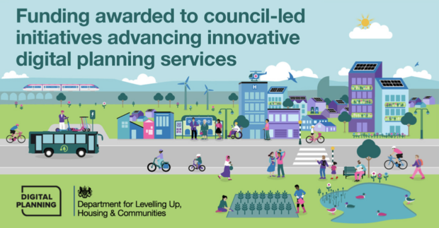 a title card that says 'funding awarded to council-led initiatives advancing innovative digital planning services'