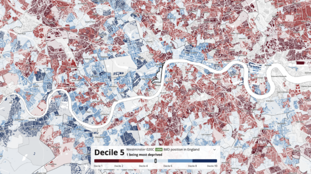 a data visualisation showing a map of London and deprivation levels in different parts of the city