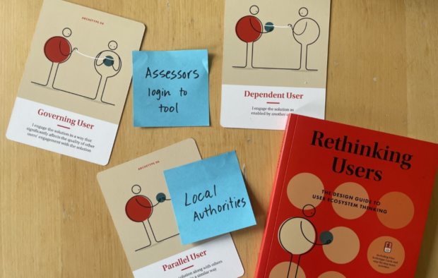 The 'Rethinking users' book on a table, with some post-it notes next to it